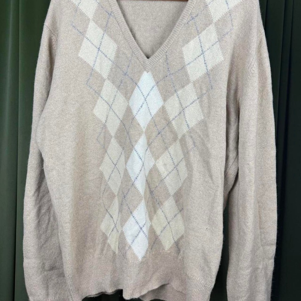 Jaeger London 100% Cashmere Argyle V-Neck Sweater Mens 44 Cream Tan Scotland